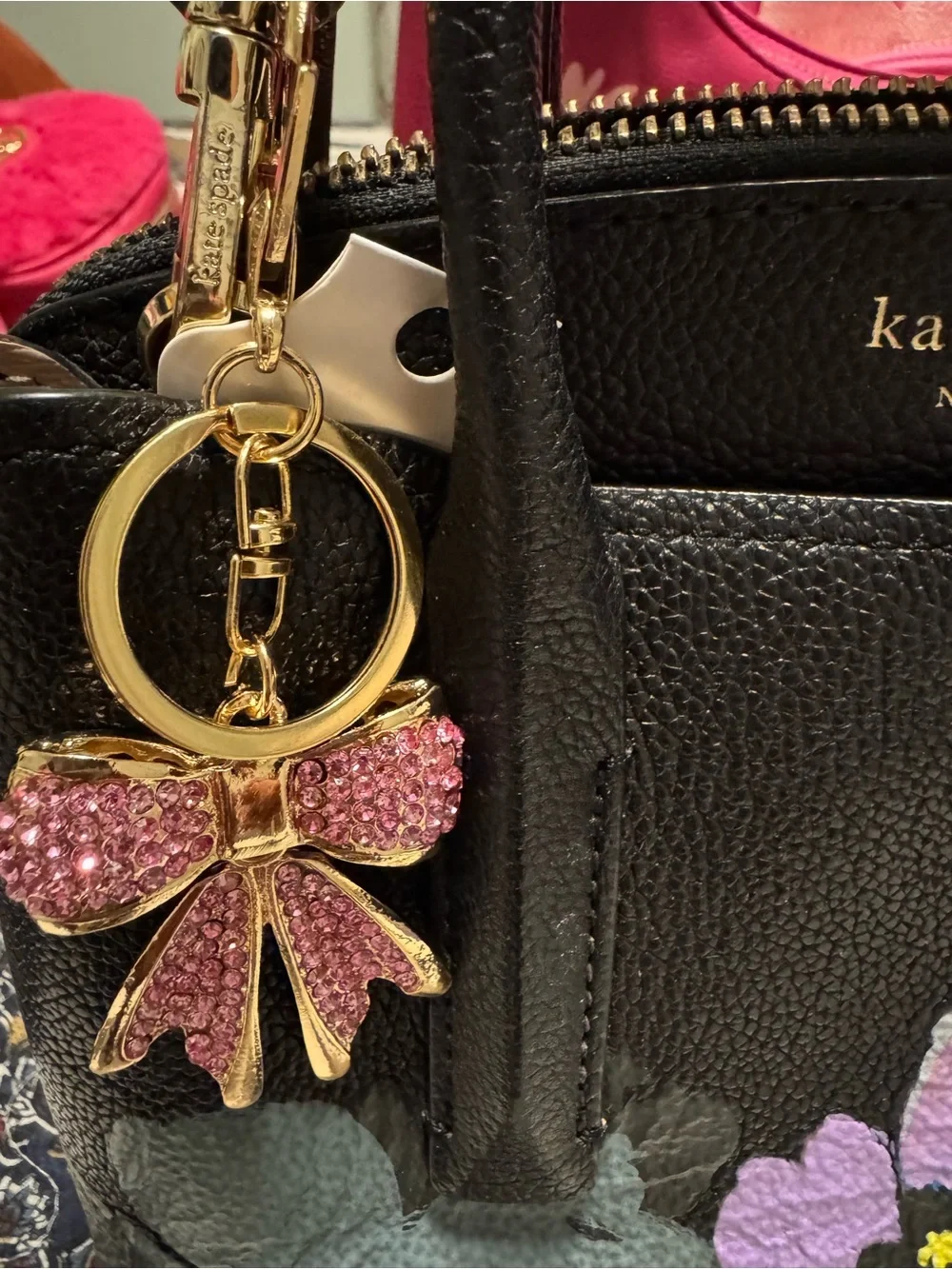 Kate Spade Margaux Brush Bloom Pebbled Leather Satchel Bow and Keychain Charm
